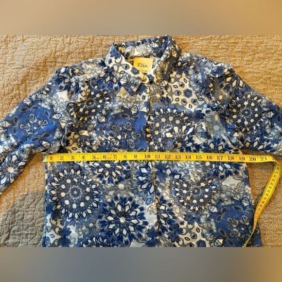 Elie Tahari Semi Sheer Blouse Women's S Blue Print Ruffle Shoulder Top Shirt - Picture 3 of 10